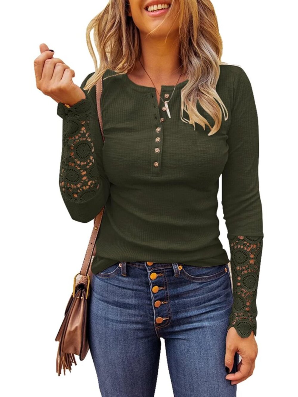Women's Long Sleeve Lace Trim Tunic Tops Button Down Casual Blouse Cute Crew Nec
